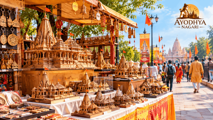 Miniature wooden Ram Mandir models displayed in an Ayodhya shop Miniature wooden Ram Mandir models displayed in an Ayodhya shop